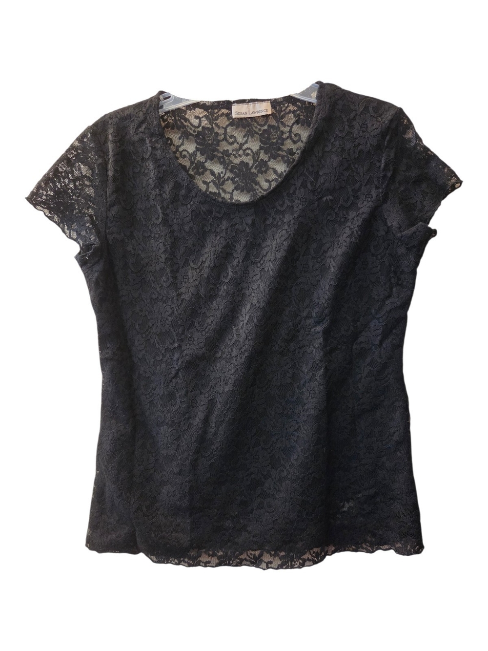 Susan Lawrence Black Lace Cap-Sleeve Scoop-Neck Top Blouse - Size L